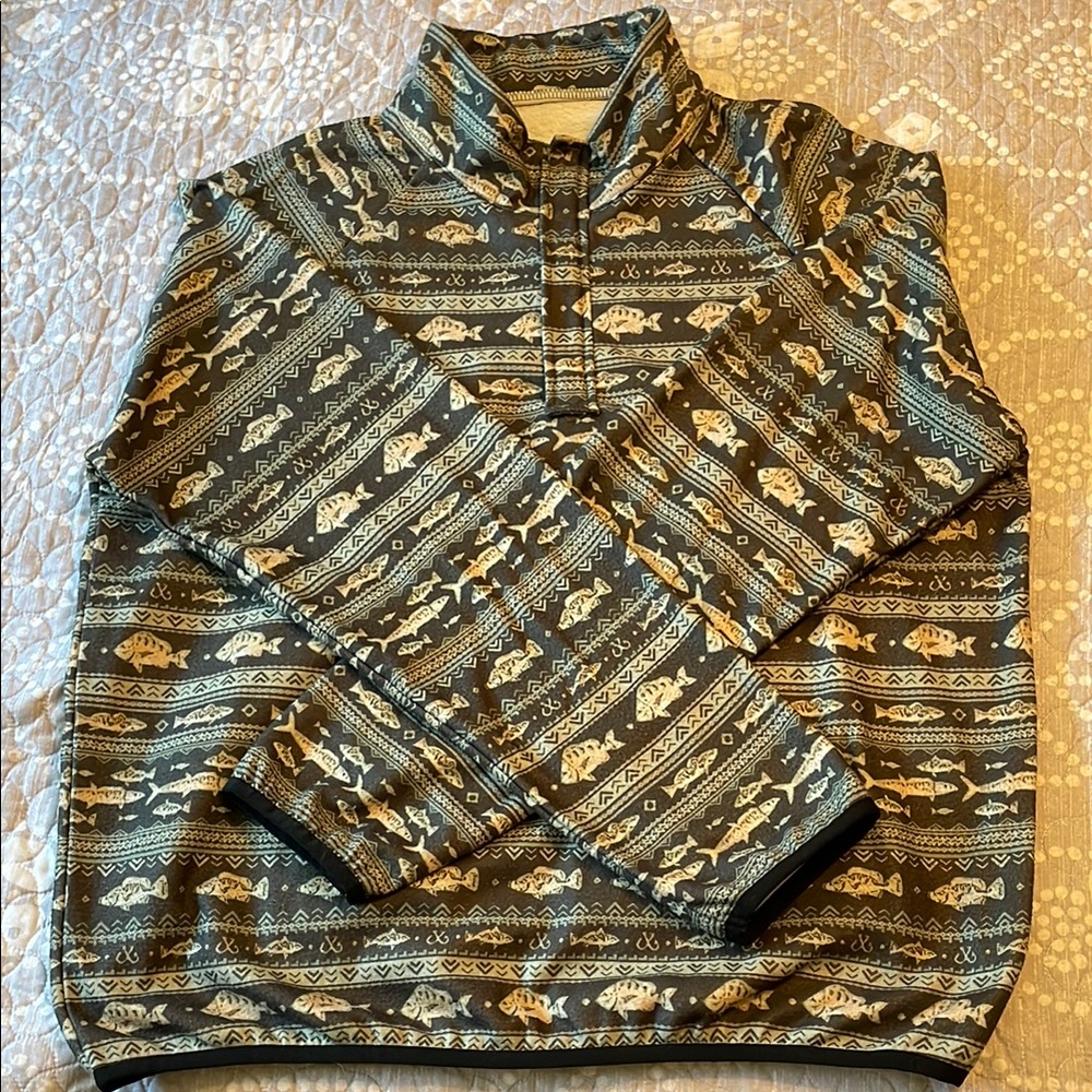 Lightweight Pullover Flannel Shirt Jacket with Green and Brown Fish Pattern